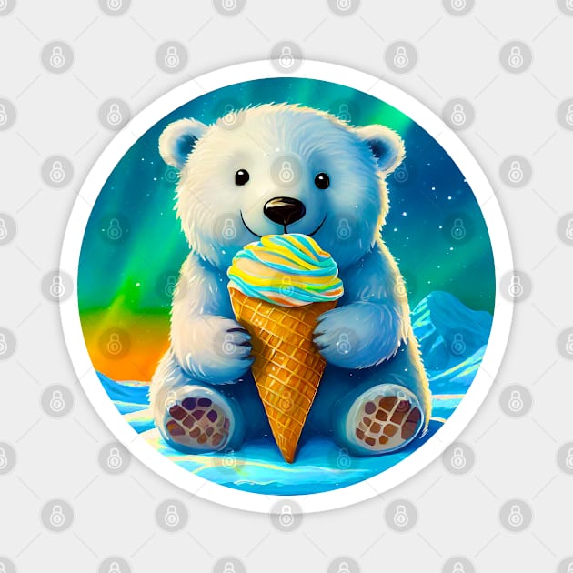 ❄️ Cute Polar Bear Cub on Ice, Licking an Ice Cream Cone Magnet by Pixoplanet